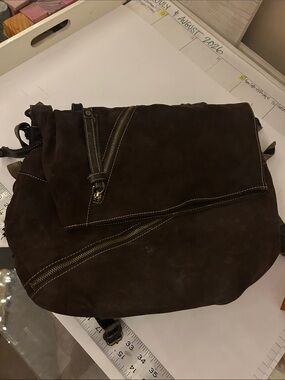 Brown Suede Crossbody Messenger Bag - multiple zipper pockets